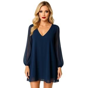 Brigitte Bailey A-Line Dress Womens Large Navy Blue Sheer Long Sleeve